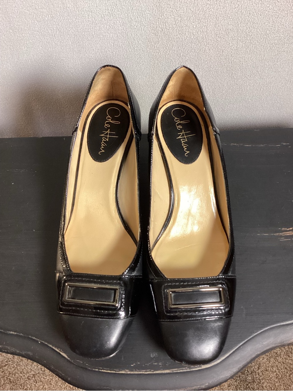 Cole Haan Nike Air Black Leather Low Block Heel Pumps Patent Trim Size 7.5